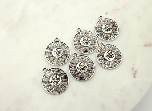 Set of 2, silver sun and moon pendant, 29mm x 25mm, 1 set